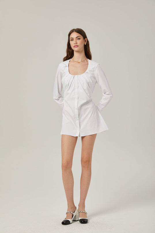 Tullia White Pleated Self-Tie Shirt with Buttoned Cuffs and U-Neck