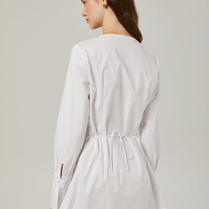 Tullia White Pleated Self-Tie Shirt with Long Sleeves and Buttoned Cuffs