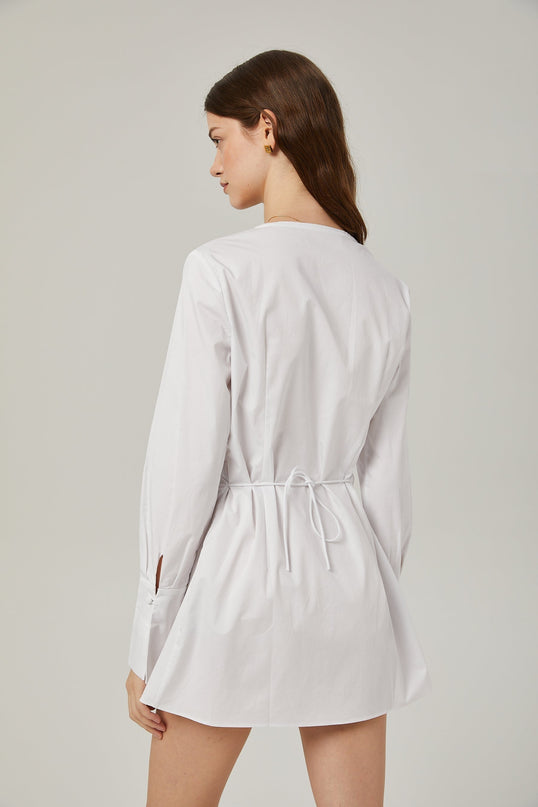 Tullia White Pleated Self-Tie Shirt with Long Sleeves and Buttoned Cuffs