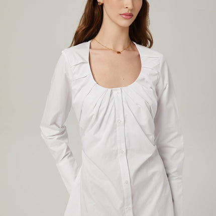 Tullia White Pleated Self-Tie Shirt Cotton Polyester Long Sleeve U-Neck Button