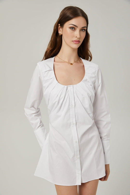 Tullia White Pleated Self-Tie Shirt Cotton Polyester Long Sleeve U-Neck Button