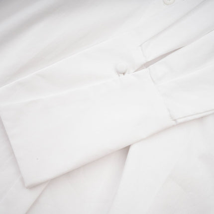 Tullia White Pleated Self-Tie Shirt with U-Neck and Button Fastening
