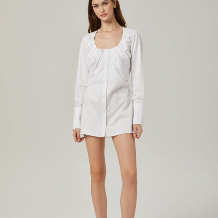 Tullia White Pleated Self-Tie Shirt Cotton Polyester Long Sleeve U-Neck Buttoned Cuffs