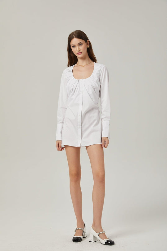 Tullia White Pleated Self-Tie Shirt Cotton Polyester Long Sleeve U-Neck Buttoned Cuffs