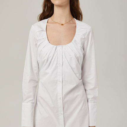 Tullia White Pleated Self-Tie Shirt 56% Cotton 44% Polyester U-Neck Long Sleeve Buttoned Cuffs Front Button Fastening Thigh-Length Women's Shirt