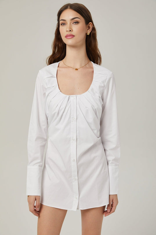Tullia White Pleated Self-Tie Shirt 56% Cotton 44% Polyester U-Neck Long Sleeve Buttoned Cuffs Front Button Fastening Thigh-Length Women's Shirt