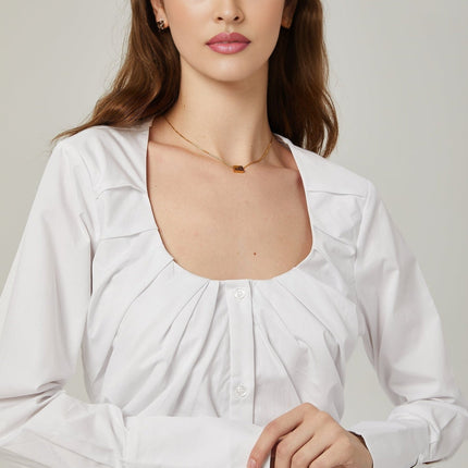 Tullia White Pleated Self-Tie Shirt Cotton Polyester Long Sleeve U-Neck Buttoned Cuffs