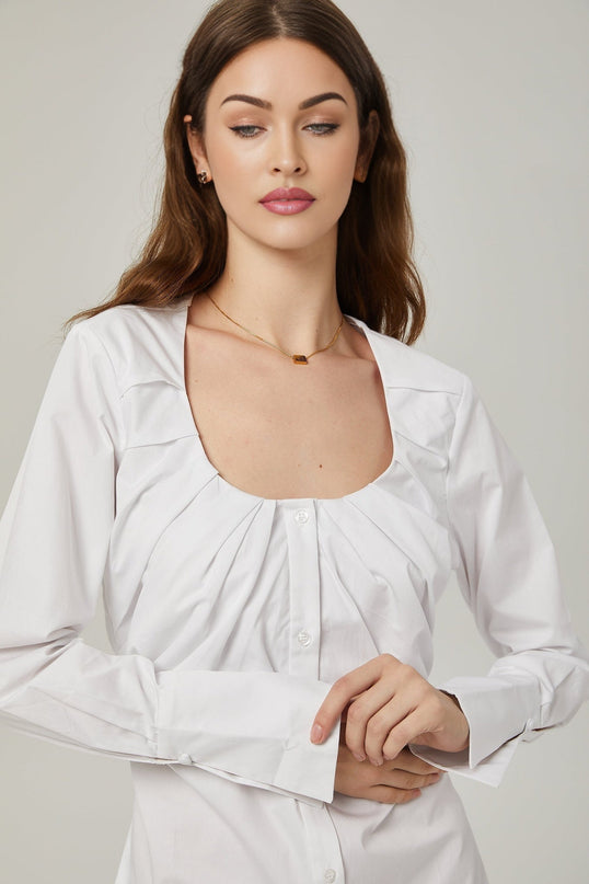 Tullia White Pleated Self-Tie Shirt Cotton Polyester Long Sleeve U-Neck Buttoned Cuffs