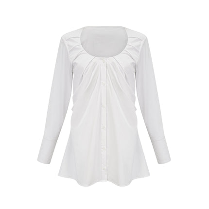 Tullia White Pleated Shirt Self-Tie Design Long Sleeves Buttoned Cuffs U-Neck Front Button Fastening