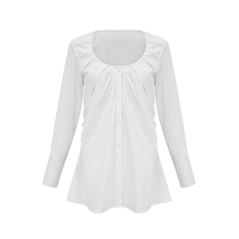 Tullia White Pleated Shirt Self-Tie Design Long Sleeves Buttoned Cuffs U-Neck Front Button Fastening
