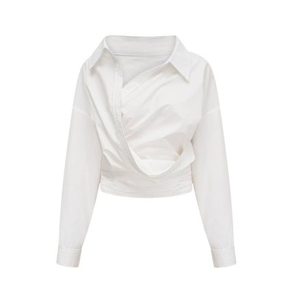 Tullia White Wrap Shirt with Spread Collar and Ruched Detailing