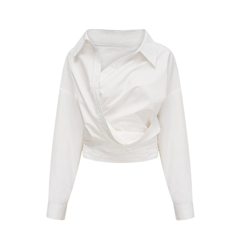 Tullia White Wrap Shirt with Spread Collar and Ruched Detailing