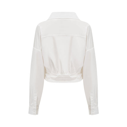 Tullia White Wrap Shirt Long Sleeve Spread Collar Ruched Detailing Asymmetric Design Cropped Length Terylene Fiber
