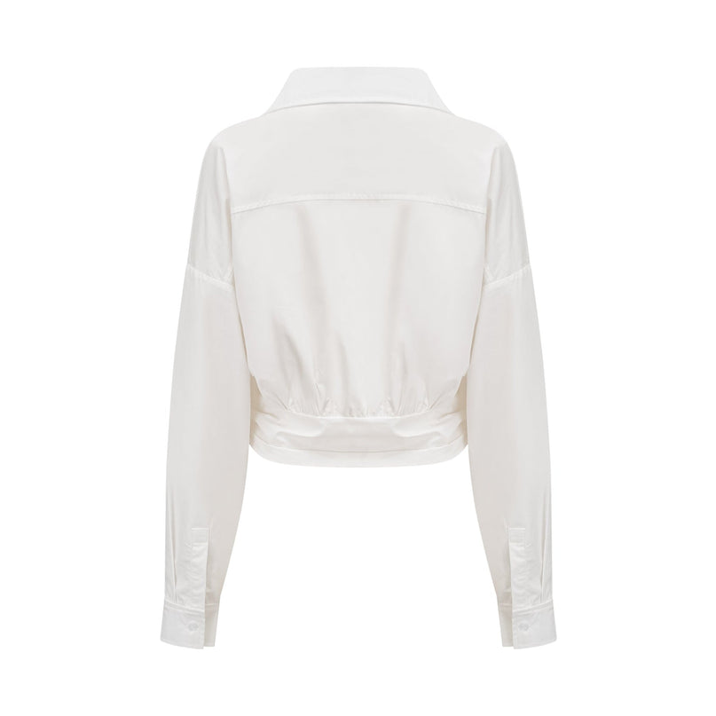 Tullia White Wrap Shirt Long Sleeve Spread Collar Ruched Detailing Asymmetric Design Cropped Length Terylene Fiber