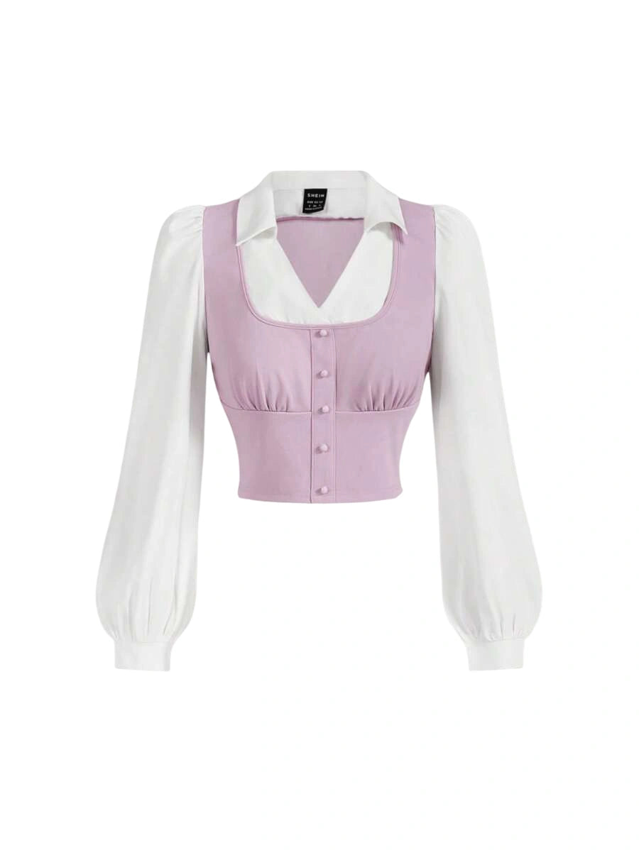 Turndown Collar Long Sleeve Crop Top Contrast Color Chest Ruched Lilac and White Contrast