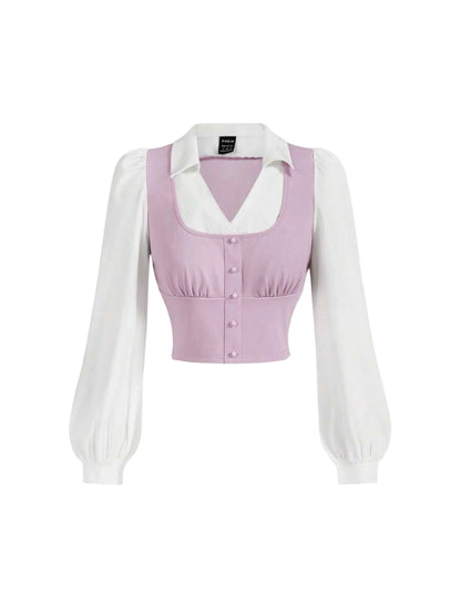 Turndown Collar Long Sleeve Crop Top Contrast Color Chest Ruched Lilac and White Contrast