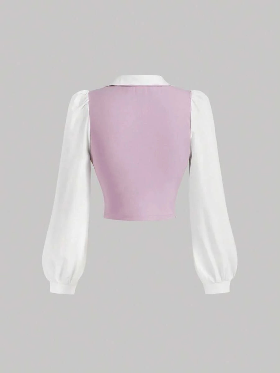 Turndown Collar Long Sleeve Crop Top Contrast Color Chest Ruched Lilac and White Contrast