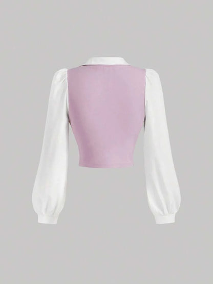 Turndown Collar Long Sleeve Crop Top Contrast Color Chest Ruched Lilac and White Contrast