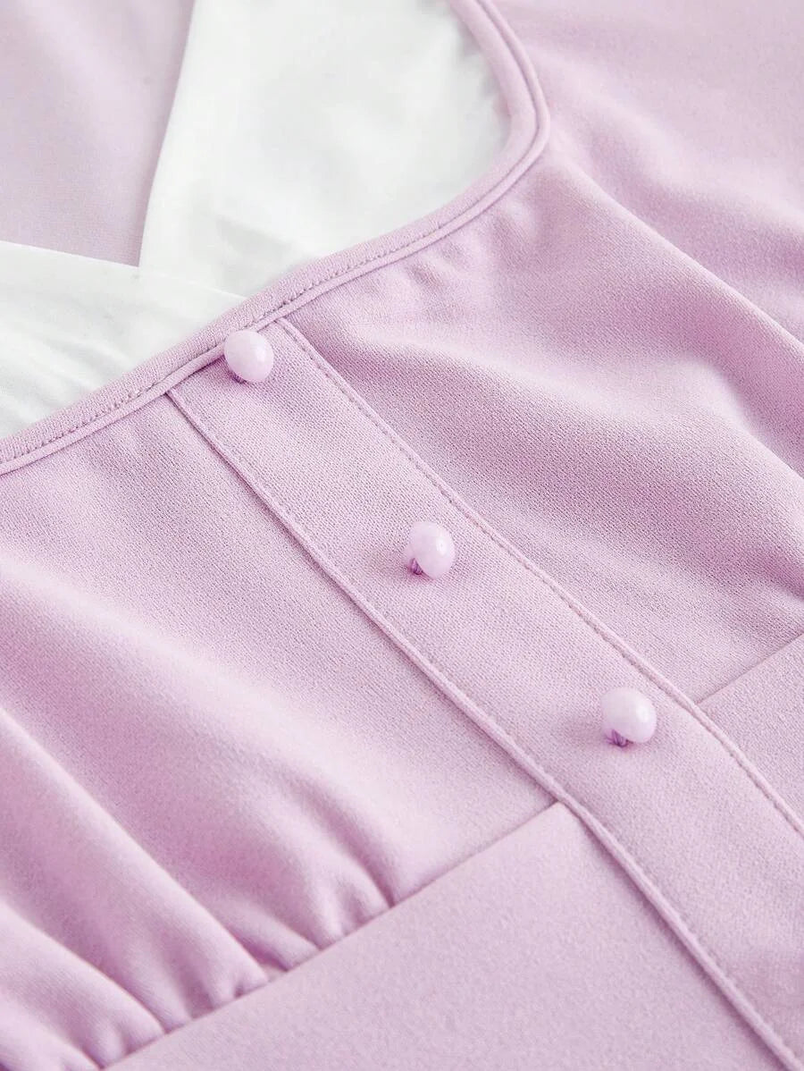 Turndown Collar Long Sleeve Crop Top Contrast Color Chest Ruched Lilac and White Contrast