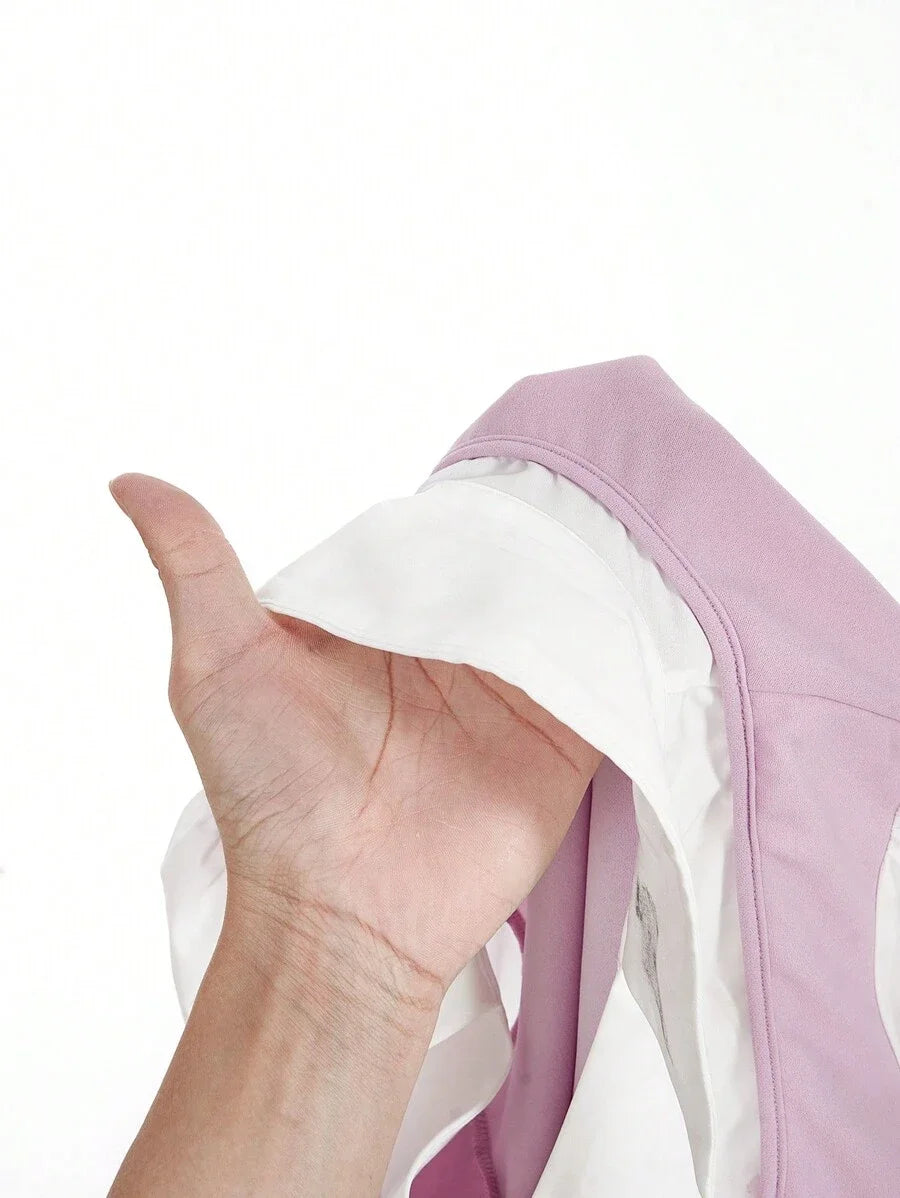 Turndown Collar Long Sleeve Crop Top Contrast Color Chest Ruched Lilac and White Contrast