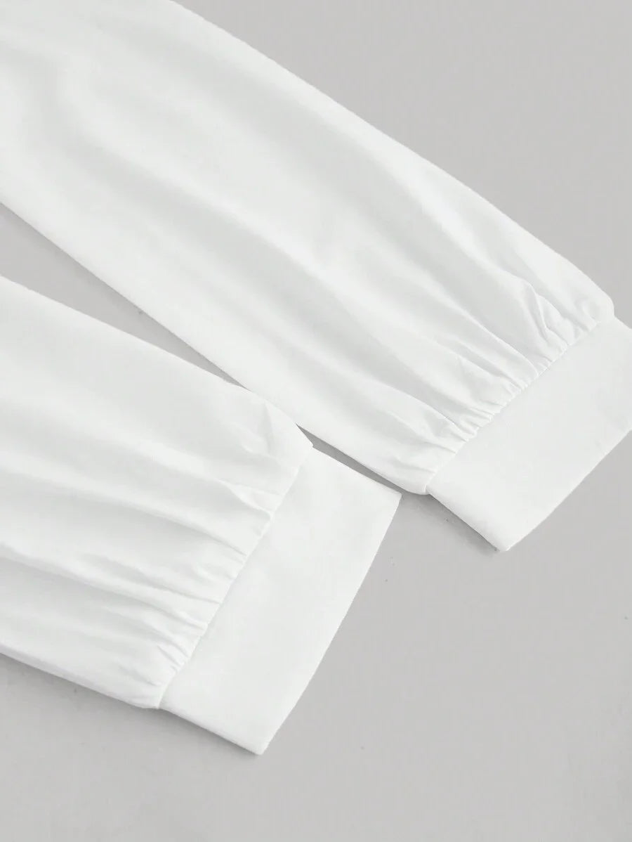 Turndown Collar Long Sleeve Crop Top Contrast Color Chest Ruched Lilac and White Contrast
