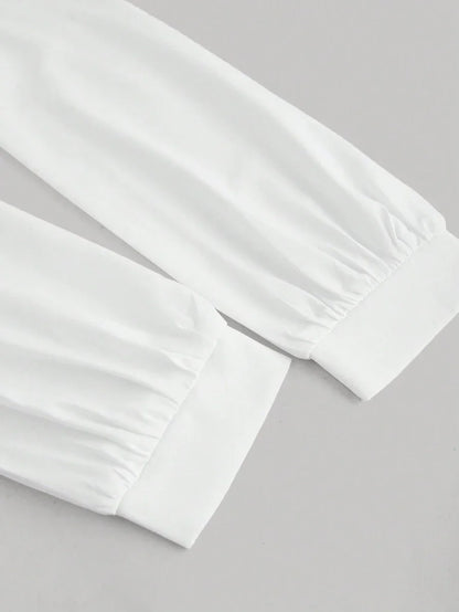 Turndown Collar Long Sleeve Crop Top Contrast Color Chest Ruched Lilac and White Contrast