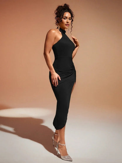 Twist Front Split Thigh Halter Neck Backless Bodycon Dress