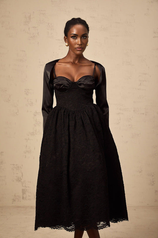 Two piece black floral lace outfit with sleeveless top and matching dress