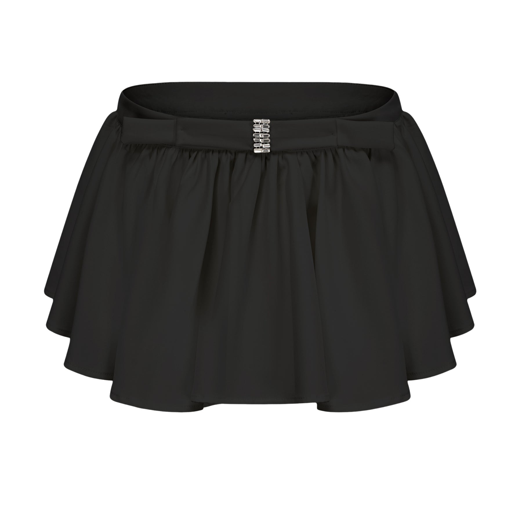 Two piece black outfit with asymmetric tulle blouse and matching skirt