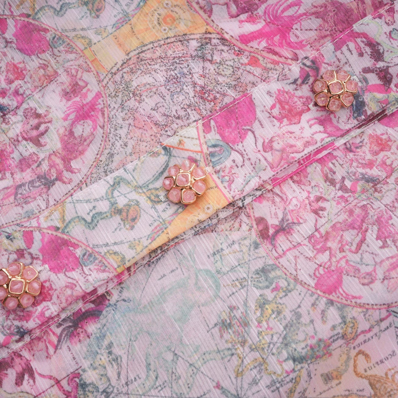 Two piece cherry pink outfit with matching shirt and skirt featuring a floral pattern print design