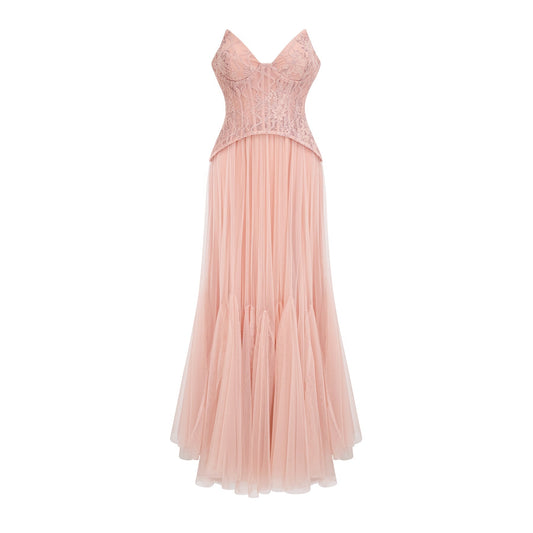 Ulrique pink lace corset tulle maxi dress