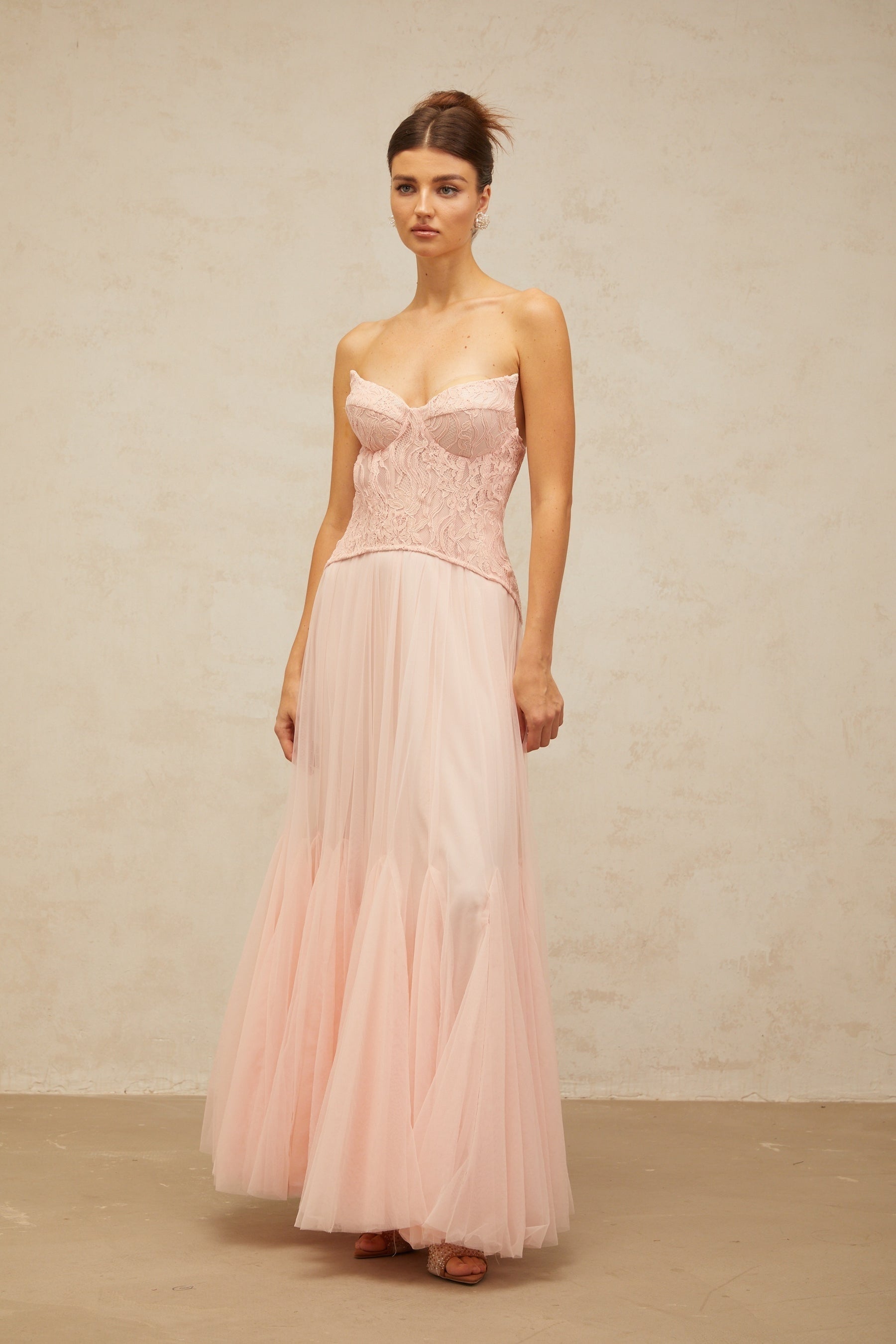 Ulrique pink lace corset tulle maxi dress