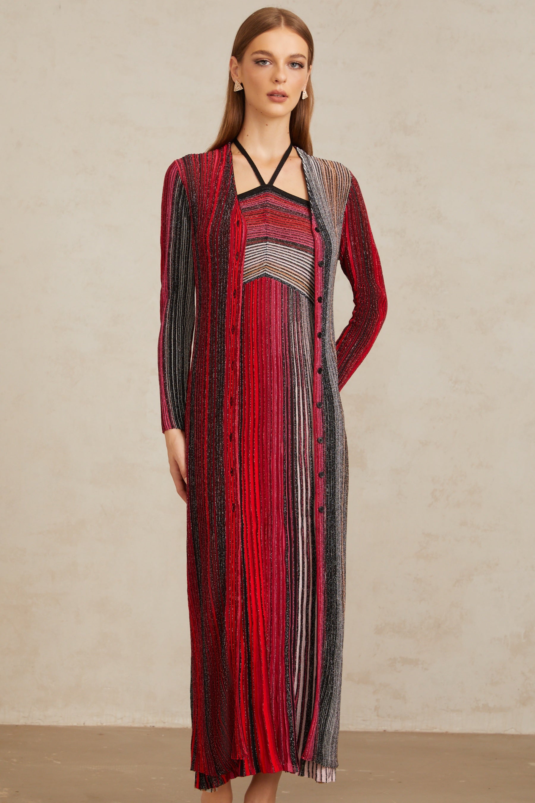 Ulysse Red Metallic Knit Long Cardigan