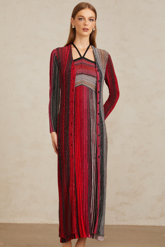 Ulysse Red Metallic Knit Long Cardigan