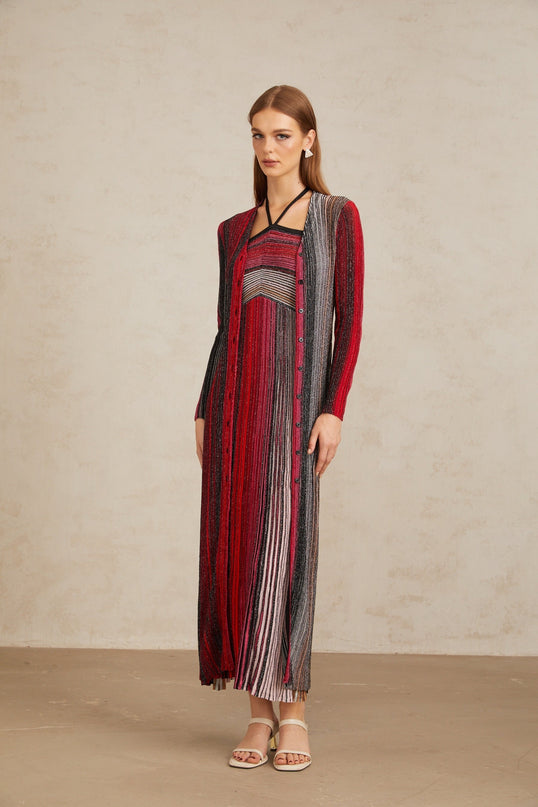 Ulysse Red Metallic Knit Long Cardigan