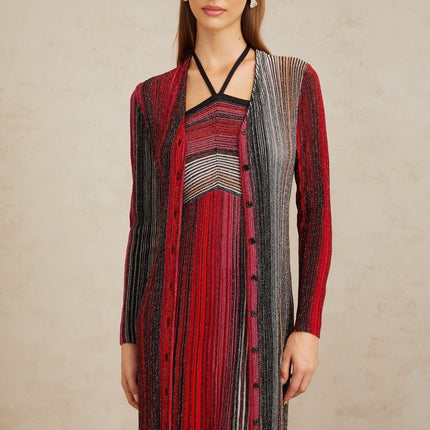 Ulysse Red Metallic Knit Long Cardigan women's fashion sequin embellishments pleated detailing V-neck long sleeves fitted waistline button fastening maxi length Rayon Metallic fiber Polyamide Terylene fiber Elastane luxury