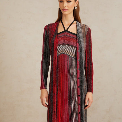 Ulysse Red Metallic Knit Long Cardigan for Women