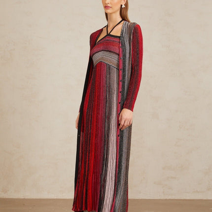 Ulysse Red Metallic Knit Long Cardigan sequin embellishments pleated detailing V-neck long sleeves fitted waistline button fastening maxi length Rayon Metallic fiber Polyamide Terylene fiber Elastane luxury