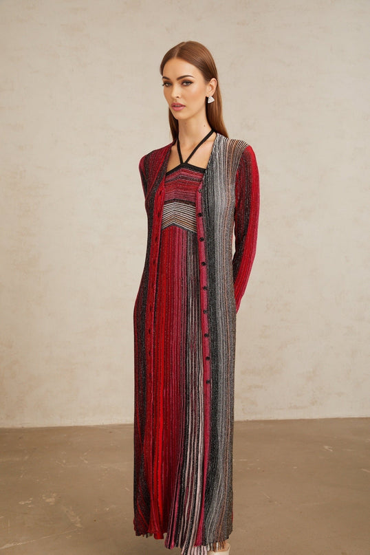 Ulysse Red Metallic Knit Long Cardigan for women