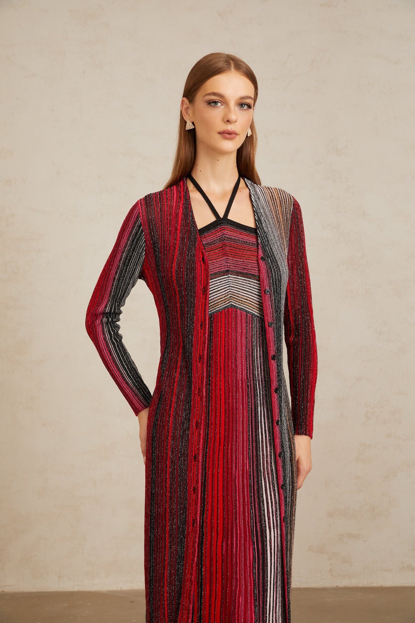 Ulysse Red Metallic Knit Long Cardigan