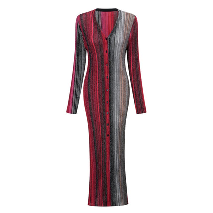 Ulysse Red Metallic Knit Long Cardigan sequin embellishments pleated detailing V-neck long sleeves fitted waistline front button fastening maxi length Rayon Metallic fiber Polyamide Terylene fiber Elastane luxury