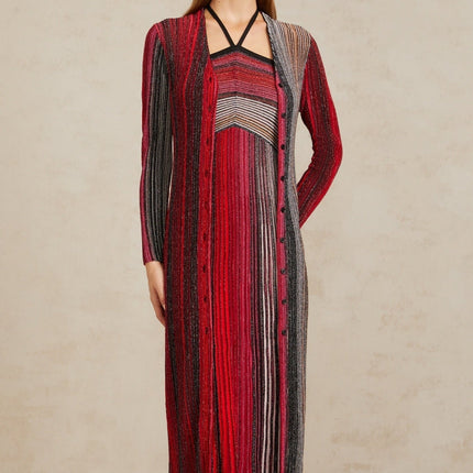 Ulysse Red Metallic Knit Long Cardigan sequin embellishments pleated detailing V-neck long sleeves fitted waistline front button fastening maxi length Rayon Metallic fiber Polyamide Terylene fiber Elastane luxury