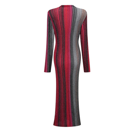 Ulysse Red Metallic Knit Long Cardigan in Red Multicolor Stripe Pattern with Sequin Embellishments and Pleated Detailing