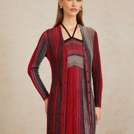 Ulysse Red Metallic Knit Long Cardigan for Women