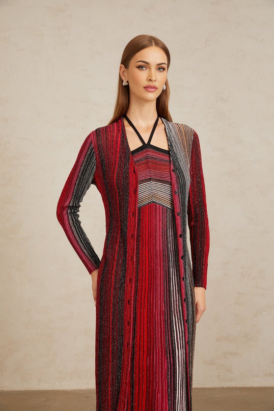 Ulysse Red Metallic Knit Long Cardigan for Women