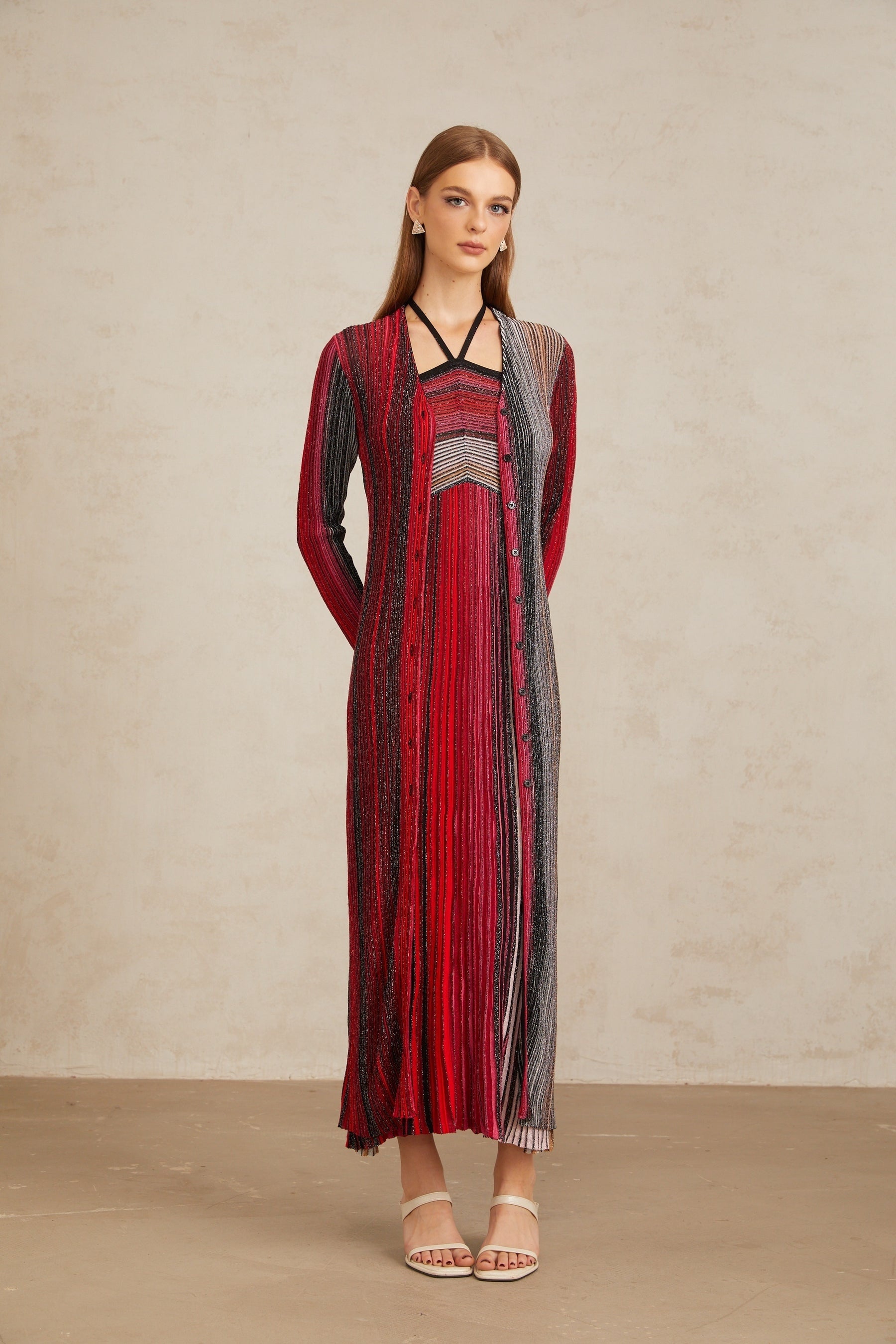 Ulysse Red Metallic Knit Long Cardigan
