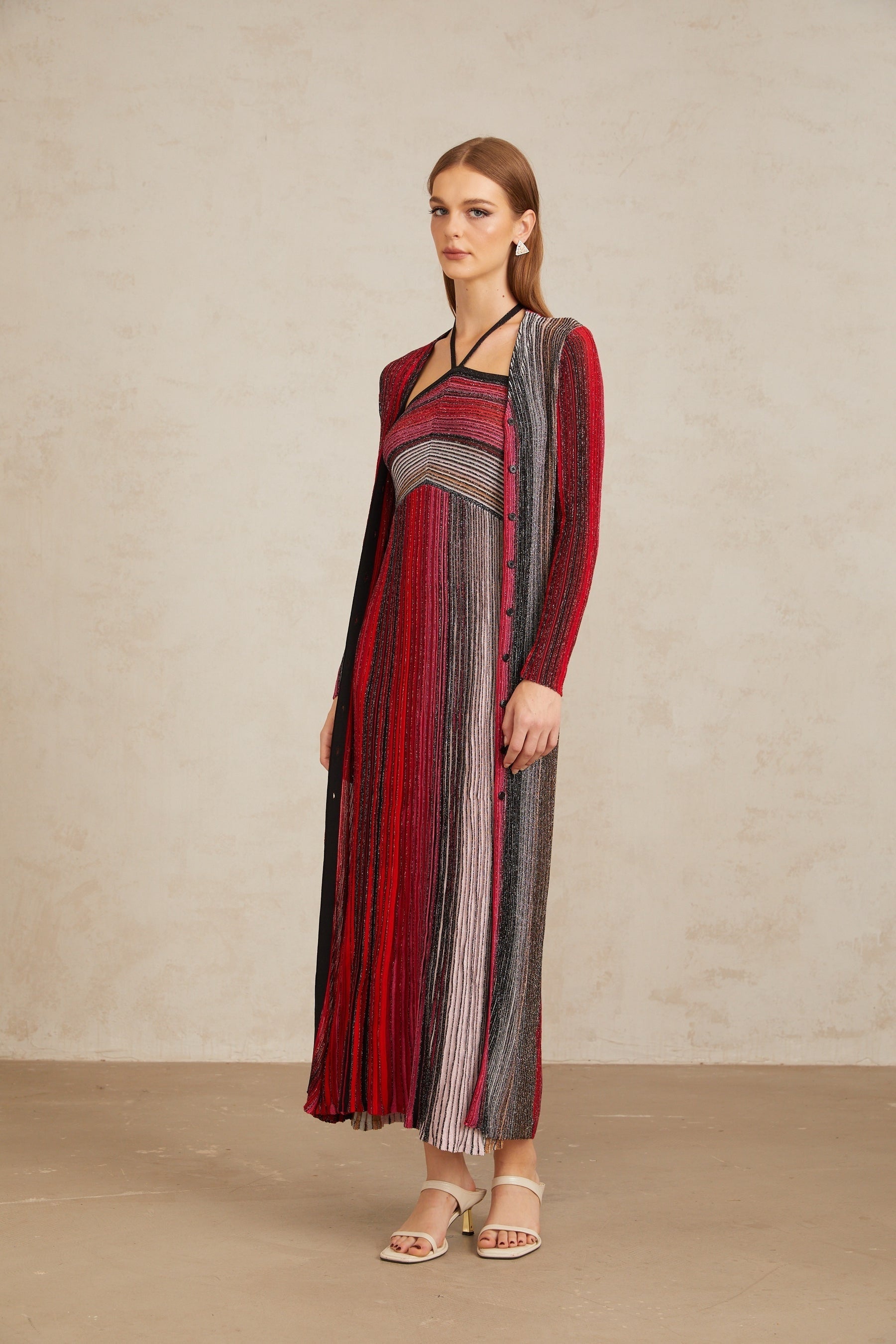 Ulysse Red Metallic Knit Long Cardigan
