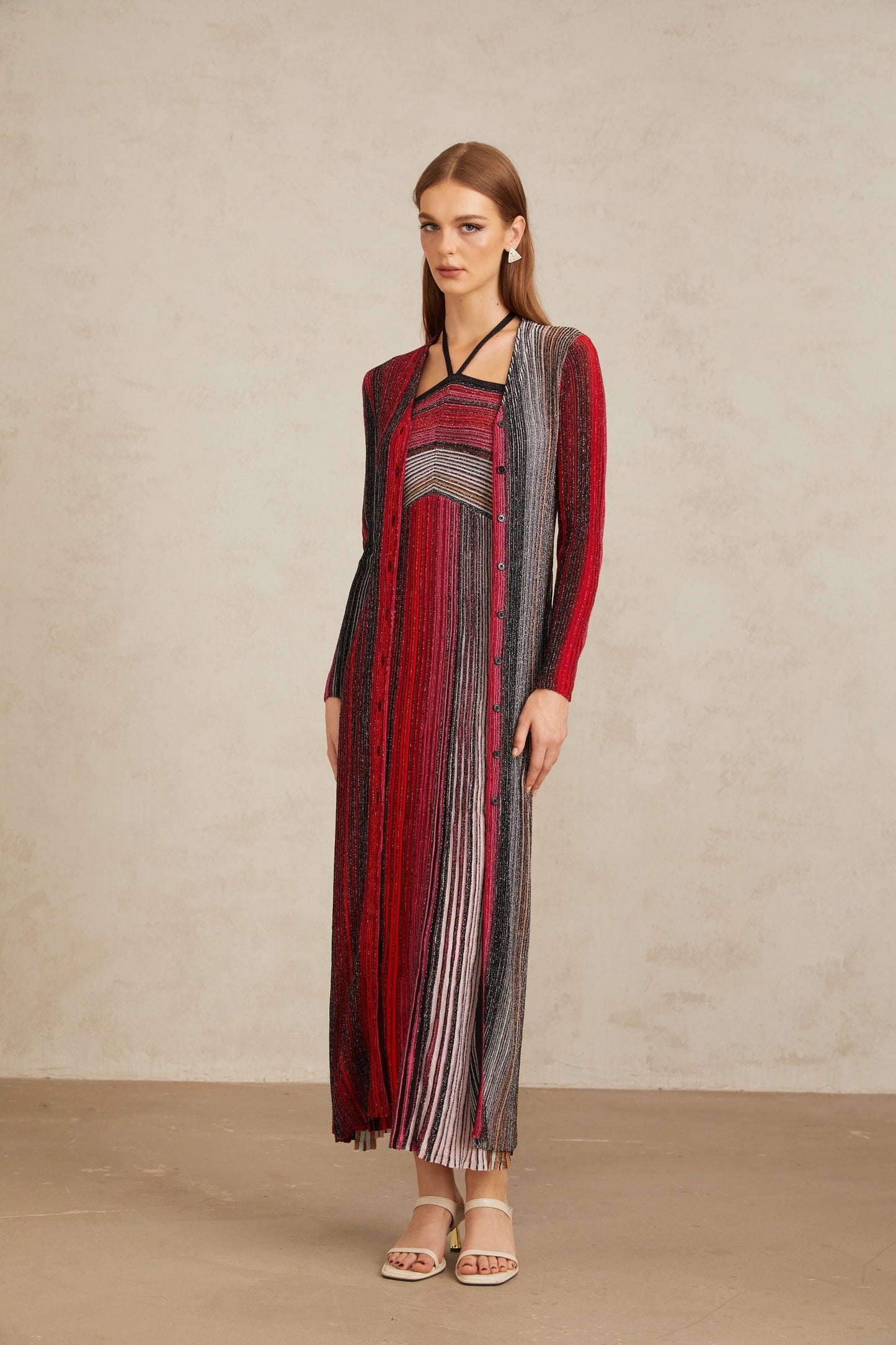 Ulysse Red Metallic Knit Long Cardigan