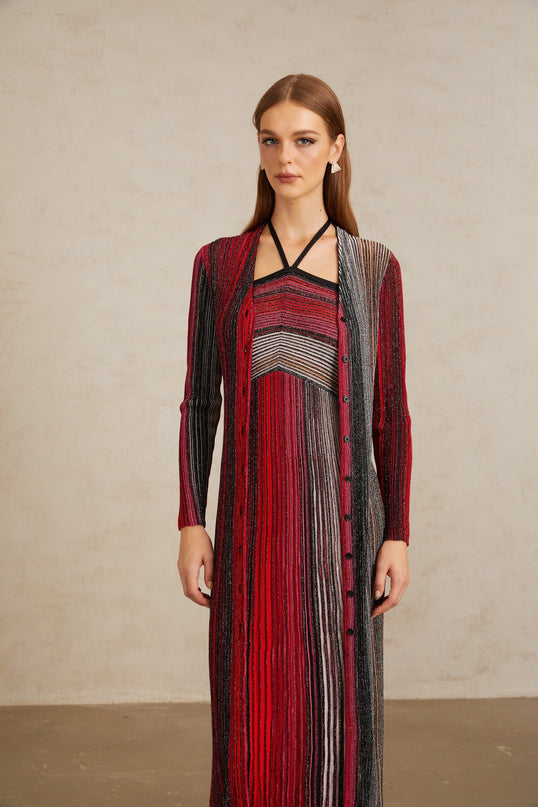 Ulysse Red Metallic Knit Long Cardigan