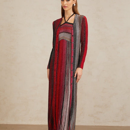 Ulysse Red Metallic Knit Long Cardigan sequin embellishments pleated detailing V-neck long sleeves fitted waistline front button fastening maxi length Rayon Metallic fiber Polyamide Terylene fiber Elastane luxury